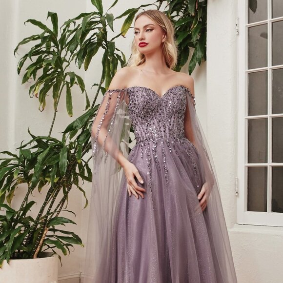 NEW LONG A-LINE OFF SHOULDER EMBROIDERED SEQUIN DRESS WITH CUP SLEEVES CD0204